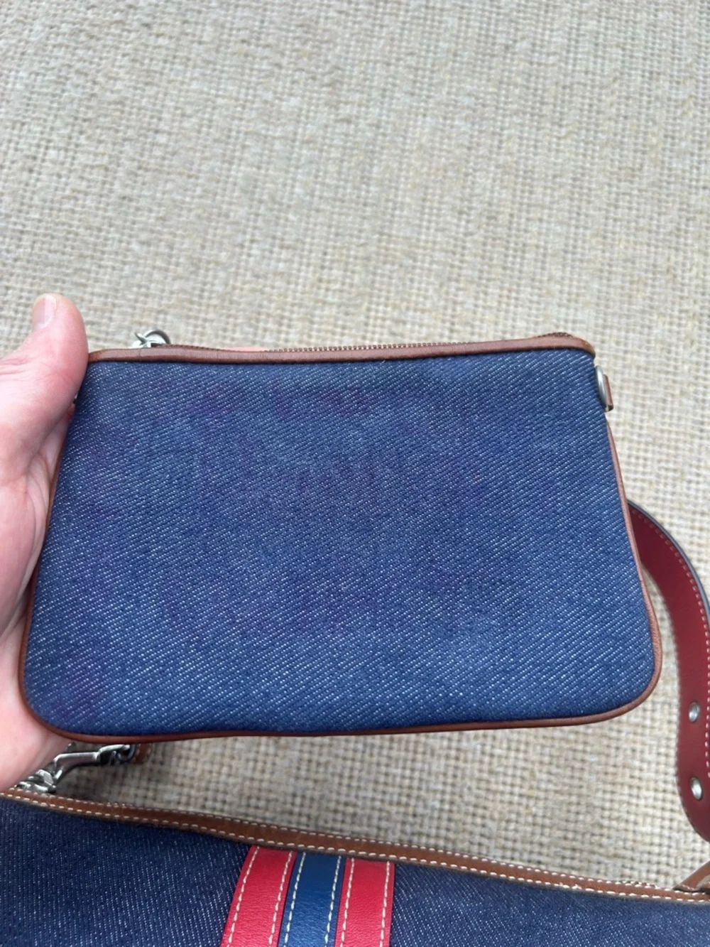 Coach Navy Canvas Shoulder Bag with Red and Pink Stripes